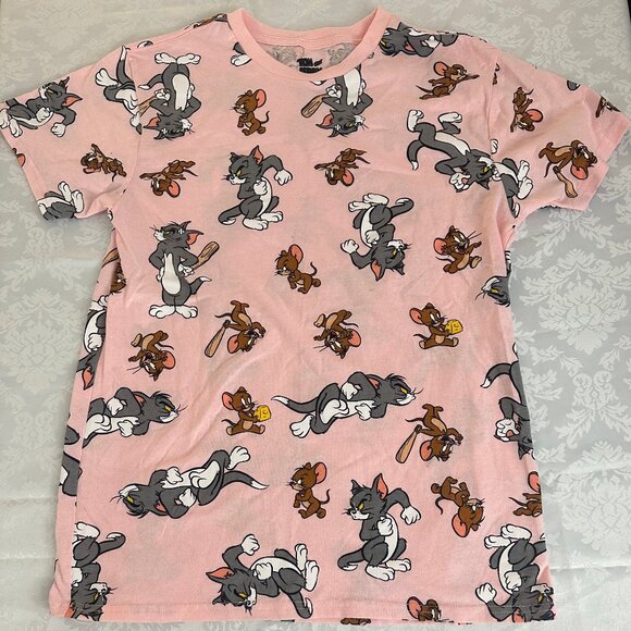 Tom and Jerry Cartoon All Over Print Soft Pink Graphic T-shirt - Picture 1 of 1